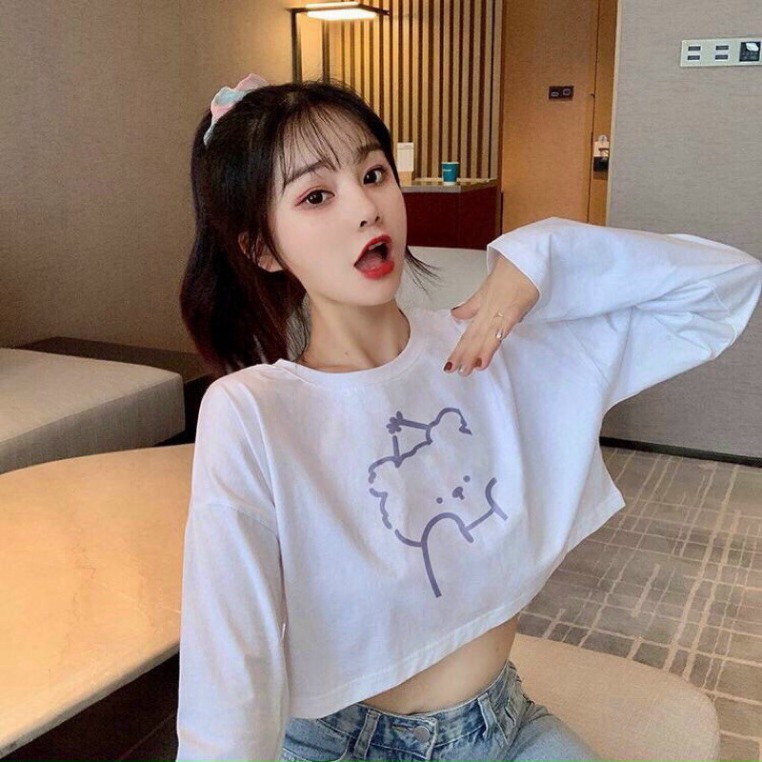 Áo Croptop, Áo Thun Croptop Nữ Rộng Tay Dài Gấu Xinh