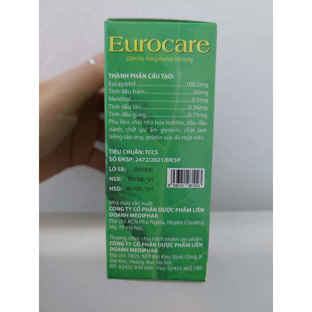 EUROCARE 100% các tinh dầu thảo dược giúp giảm ho, thông thoáng mũi họng