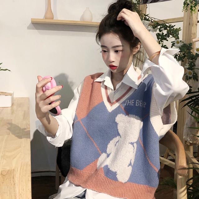 Áo Sweater Dệt Kim Không Tay Cổ Chữ V Phong Cách Nhật Bản Thời Trang Xuân Thu Dành Cho Nữ