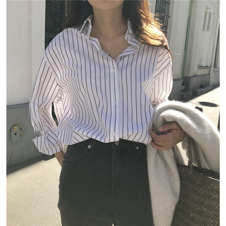 Áo sơ mi dáng rộng kẻ sọc thời trang retro Hàn Quốc cho nữ