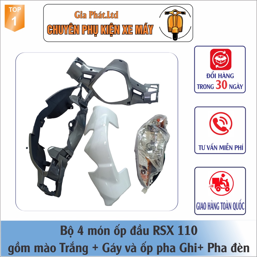 Combo ốp đầu Wave RSX 110  gồm Mào TRẮNG - Gáy GHI - và Pha đèn kèm bóng