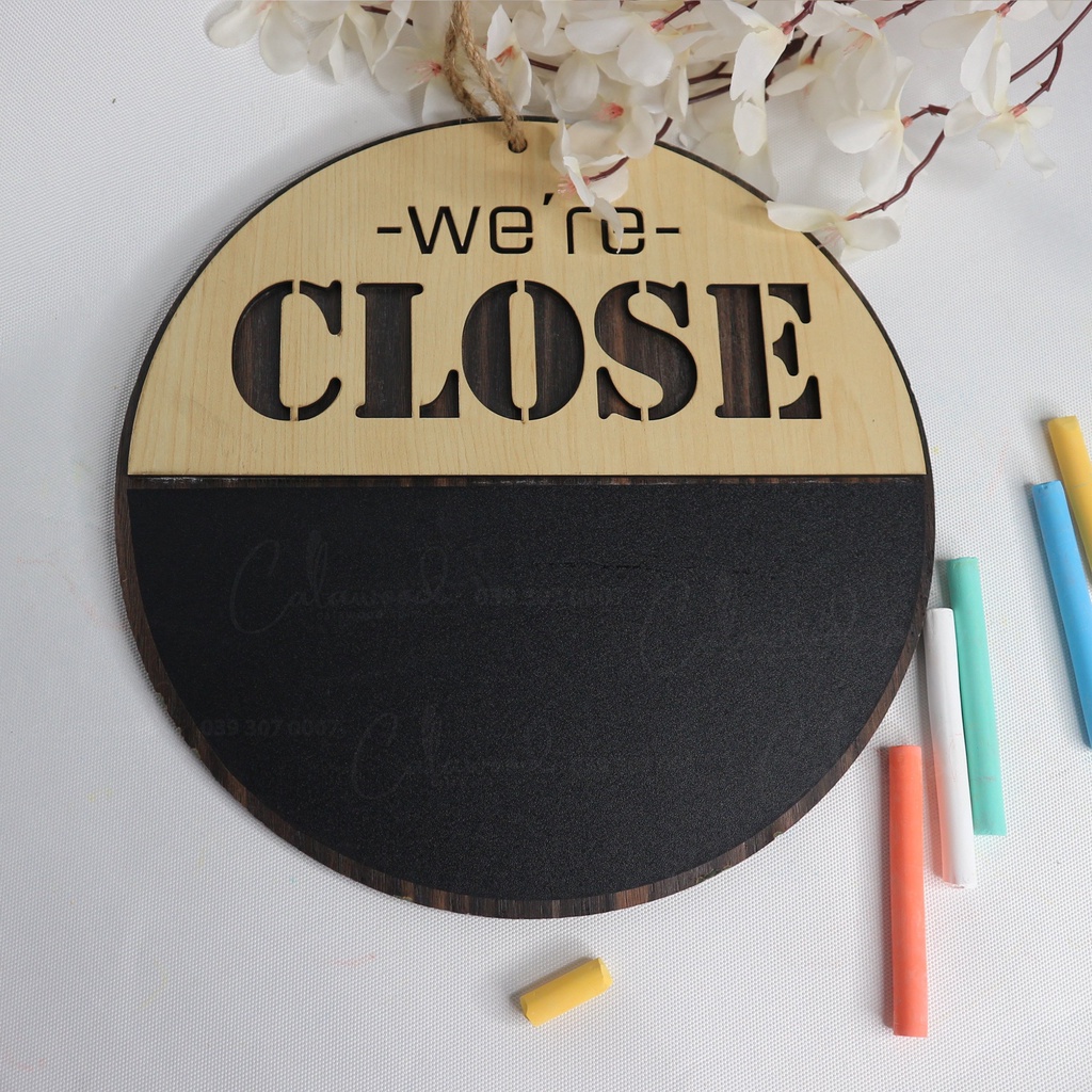 Bảng gỗ 🏠🏡OPEN CLOSE hình tròn🏠🏠Bảng Decal viết phấn 2 mặt có dây treo trang trí quán, cửa hàng...