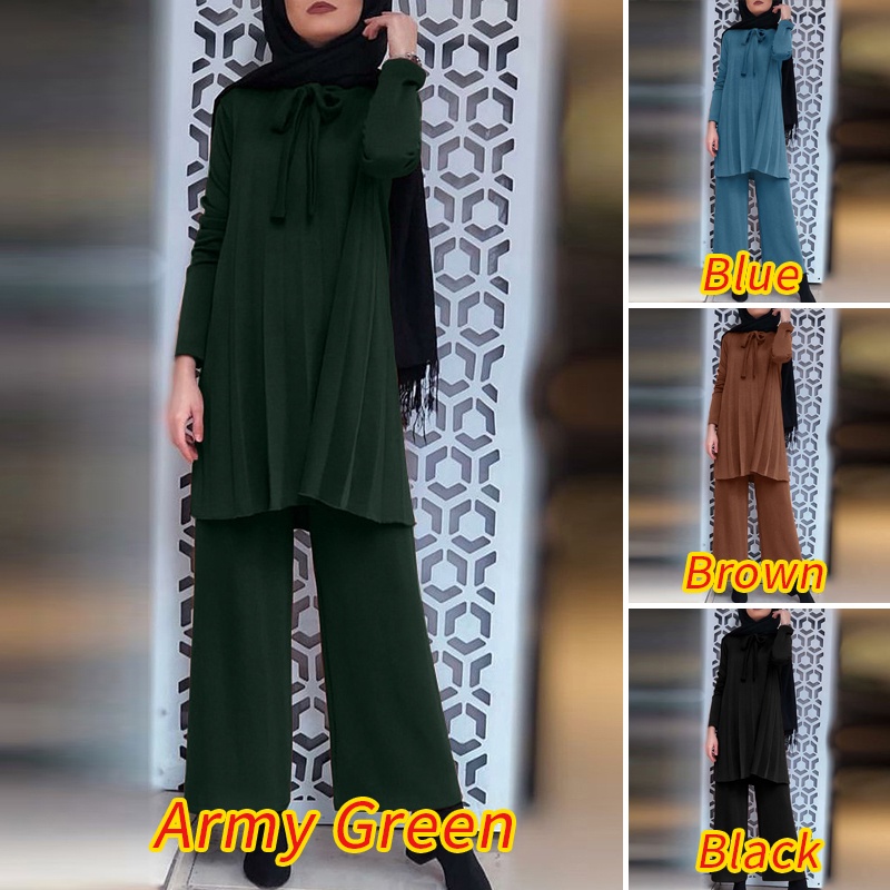 Bộ đồ hồi giáo ZANZEA gồm áo tay dài cổ buộc dây và quần ống rộng eo cao xếp ly thanh lịch cho nữ