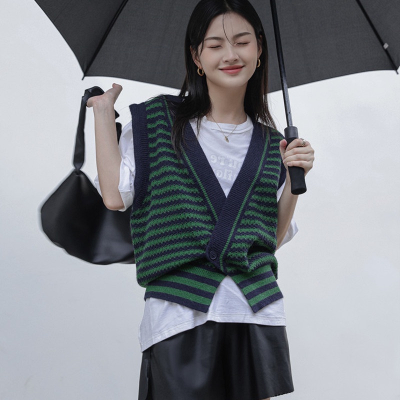 Áo Len Không Tay Họa Tiết Sọc Ngang Thời Trang Cho Nữ