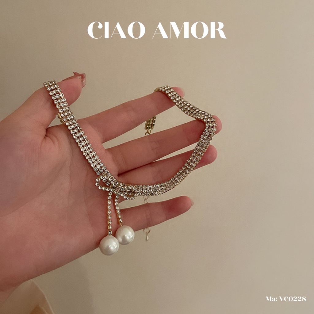 Dây chuyền nữ, vòng cổ, chocker đá 3 lớp đính nơ ngọc Trang sức Ciao Amor - VC0228