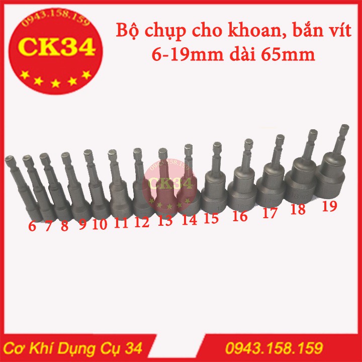 Bộ chụp bulong, vặn ốc bộ vặn khẩu 6-19mm cho khoan bắn vít dài 65mm hàng đài loan