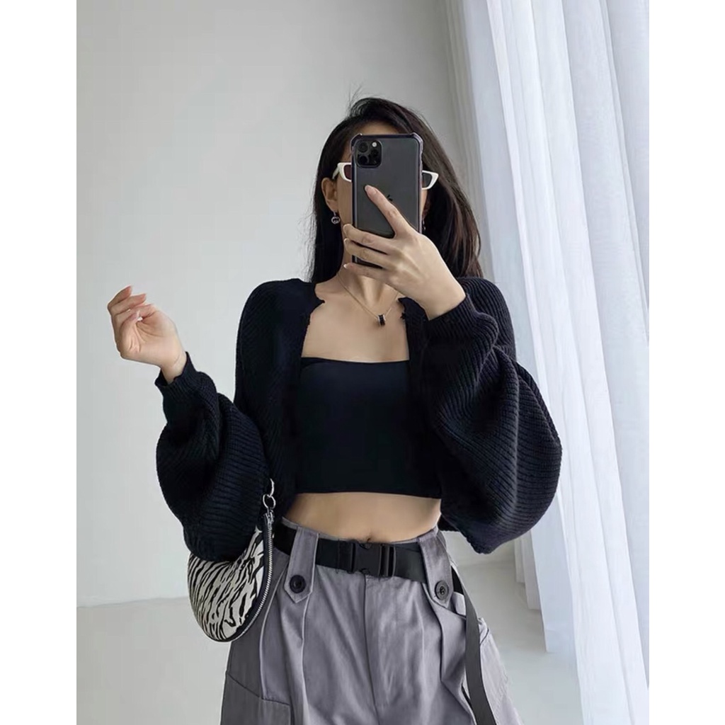 Set áo cardigan 2 món đen chất vải gân co dãn đen lên dáng xinh cực hàng chuẩn from DEGO