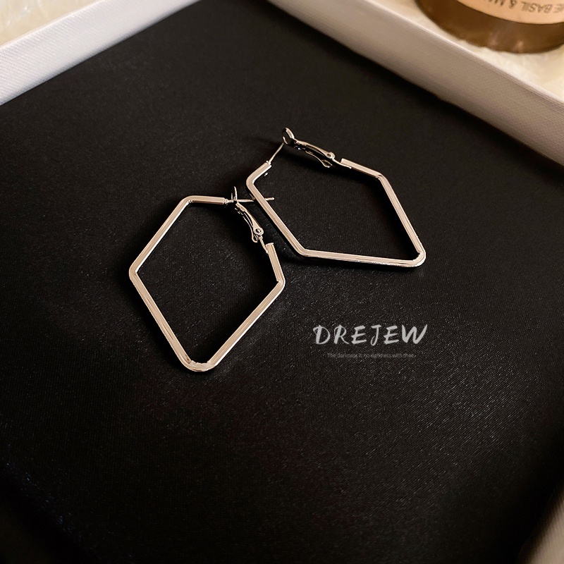 DREJEW Khuyên tai kim loại màu bạc thiết kế hình học rỗng phong cách cá tính thời trang sáng tạo