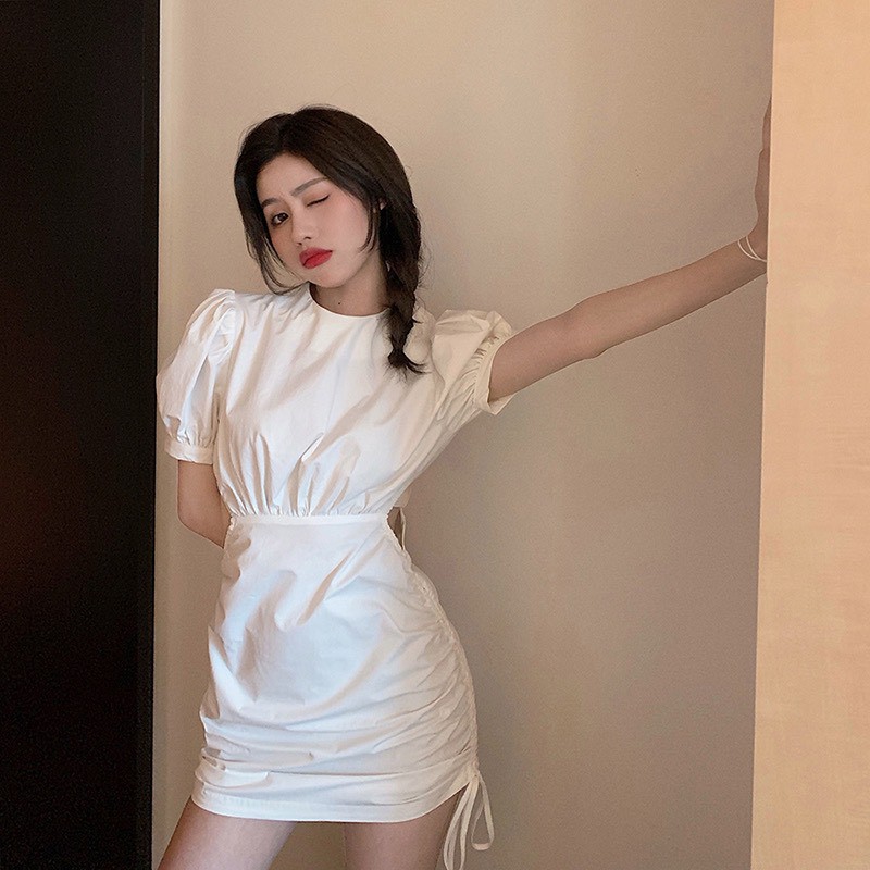 Váy nữ🍉Váy trắng khoét eo có dây rút vô cùng sexy, đầm nữ ôm body thiết kế cách điệu màu trắng eo rút mặc lên dễ thương | BigBuy360 - bigbuy360.vn