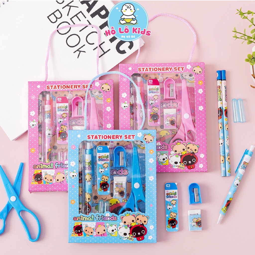 Bộ 6 chi tiết dụng cụ học tập kéo tẩy bút chì gọt bút xinh xắn cho bé Hồ Lô Kids
