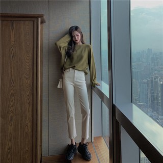 Quần bò jean cạp cao Hàn Quốc quần lửng ống đứng BA1066