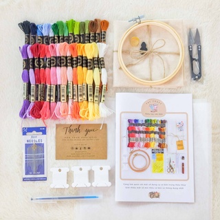 Set thêu Mầm - Bộ nguyên liệu thêu 30 Màu chỉ Airo + 01 Khung tre + Dụng cụ đi kèm