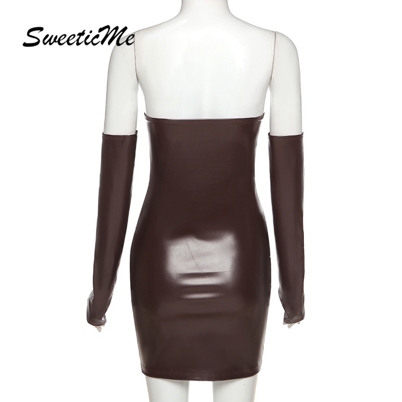 Đầm trễ vai chất liệu da pu phong cách quyến rũ ngọt ngào cho nữ