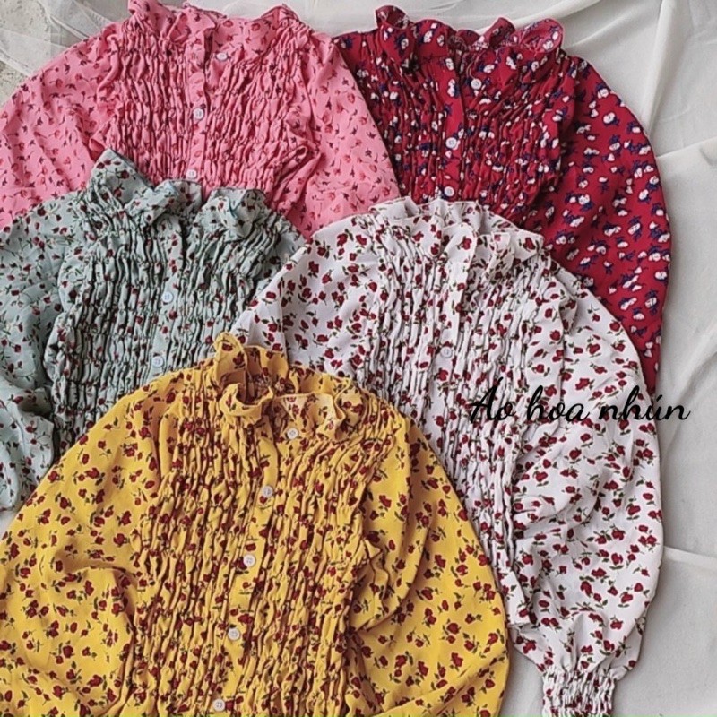 Áo croptop hoa nhí tay phồng may nhún