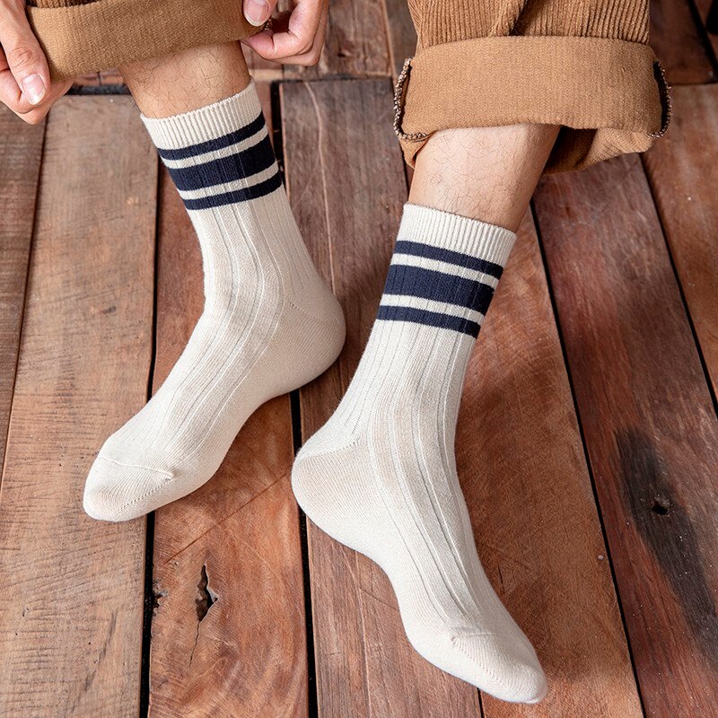 Men's Striped Breathable Crew Fashion Socks Combed Cotton Stripes Casual Comfortable Long Socks Boys Hosiery Easy-matching