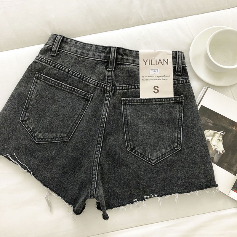 Brroa Quần Short Denim Cạp Cao Ống Rộng Rách Tua Rua Retro Hàn Quốc Cho Nữ Giới