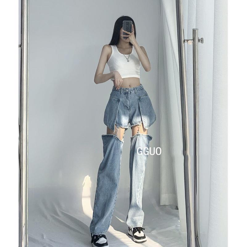 Quần Jeans Dài Ống Rộng Lưng Cao Phong Cách Âu Mỹ Cho Nữ