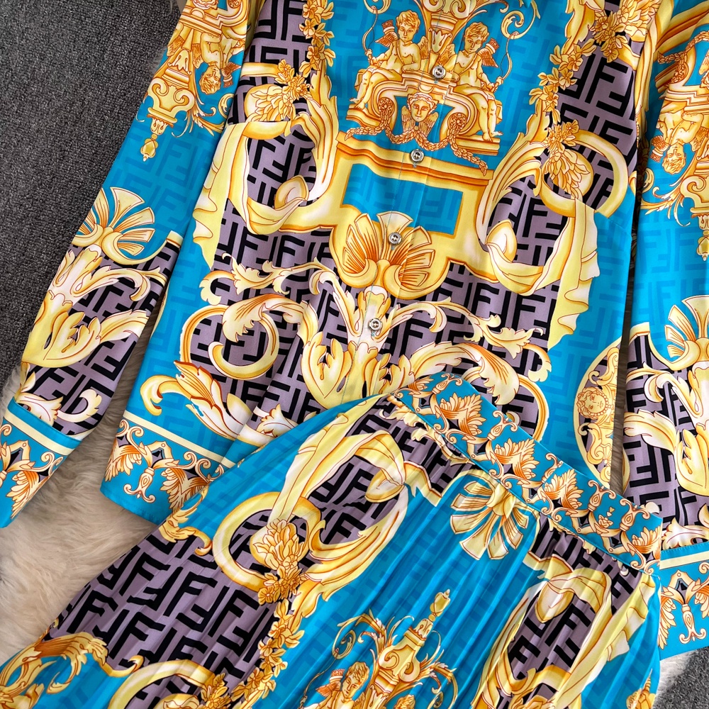 #2286  Set áo sơ mi tay dài + chân váy dài xếp ly dài có size
