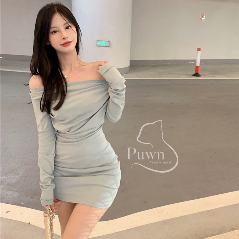 Váy body trễ vai xanh thanh lịch Puwn Shop