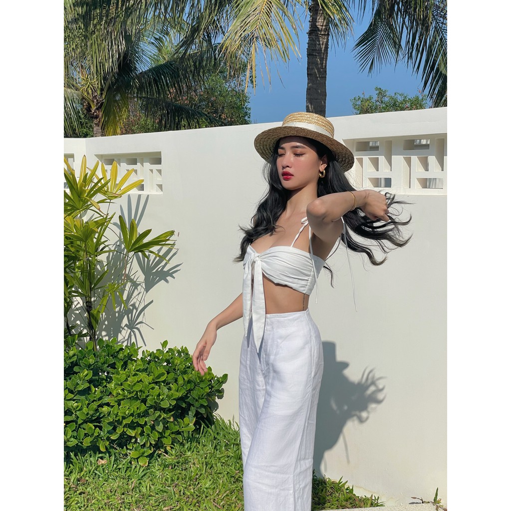 | LACY TOP - LACY TROUSER | áo hai dây thắt nơ và quần suông trắng