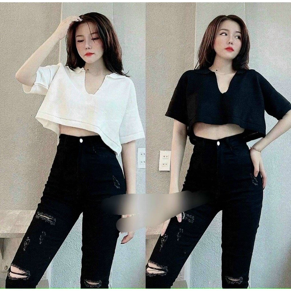 Áo thun nữ cổ bẻ V kiểu trơn tay ngắn dáng croptop xinh chất đẹp