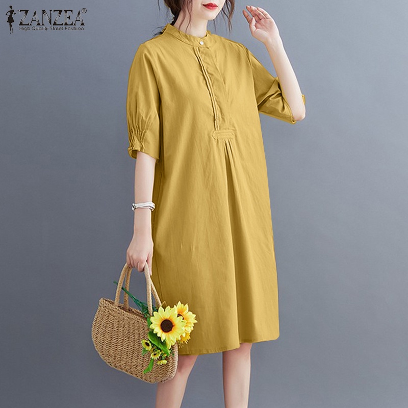 Zanzea Đầm Midi Tay Ngắn Dáng Rộng Cổ Đứng Phối Túi Kiểu Vintage Thời Trang Cho Nữ