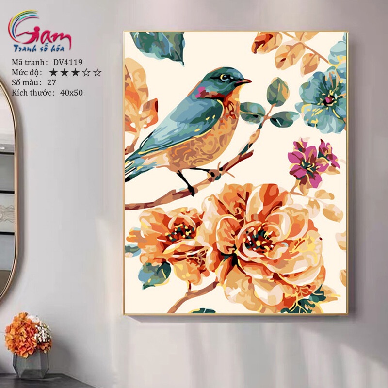 Tranh sơn dầu số hoá tự tô màu Chim và hoa vàng GAM căng khung 40x50cm dày 2.5cm DV4119