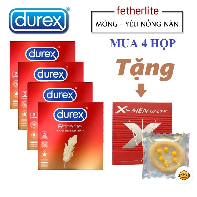 Combo 4 Hộp Bao Cao Su Durex Fetherlite Hộp 3 Cái, Có Chất Chống Xuất Tinh Sớm, Kéo Dài Thời Gian