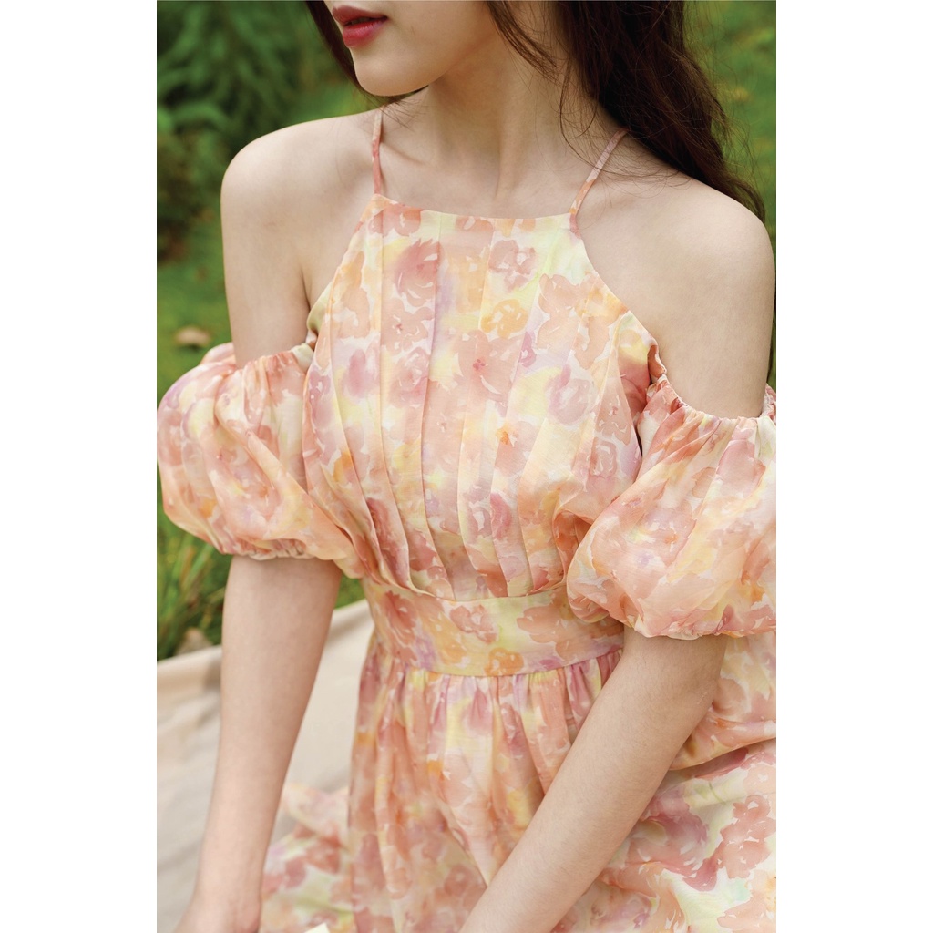 Váy trễ vai dây yếm Chillgals hoa cam xòe bồng Cherry Berry Dress VA-037