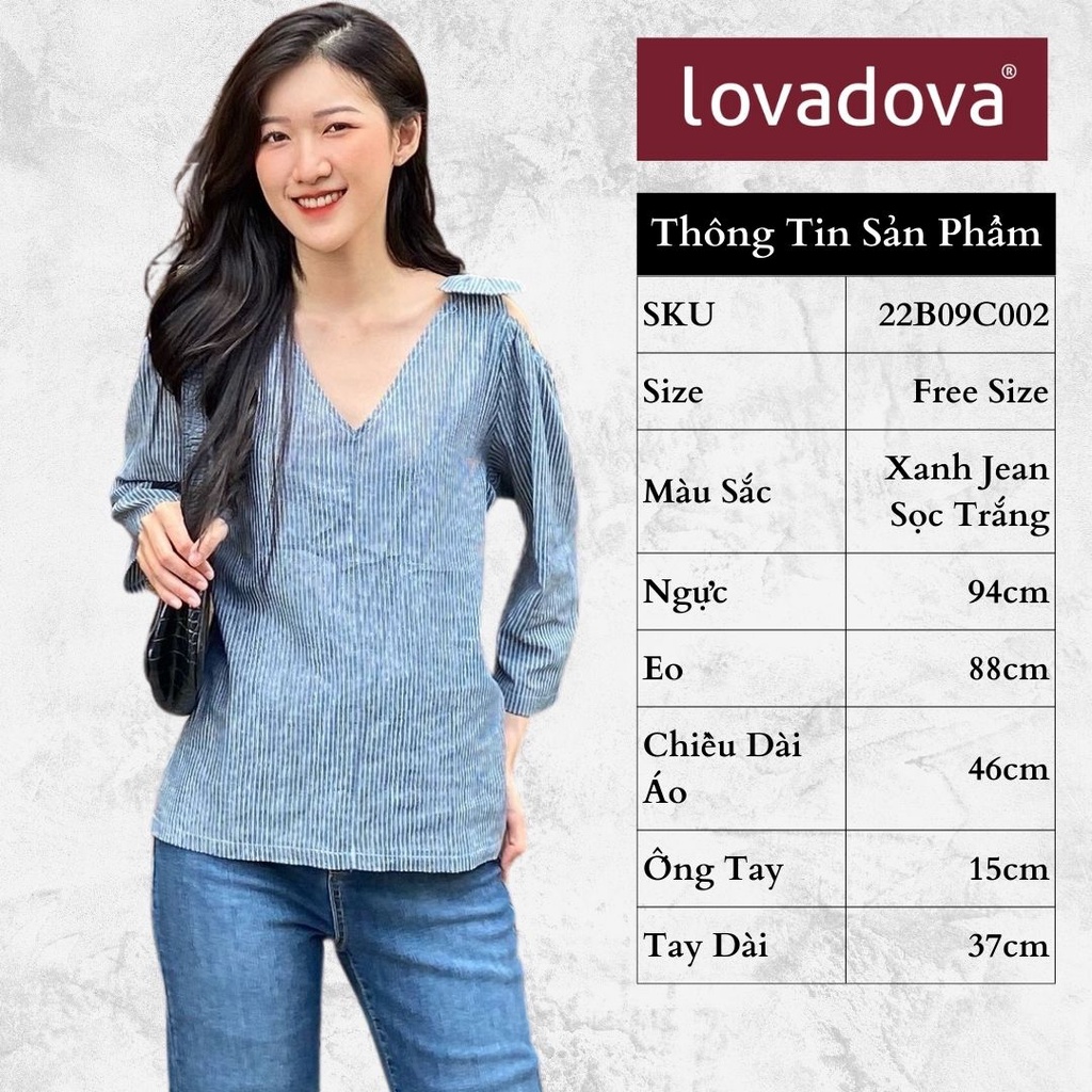 Áo Kiểu Nữ, Dài Tay, Cách Điệu Vai Áo, Màu Xanh Jean Sọc Trắng - Lovadova 20B09C002