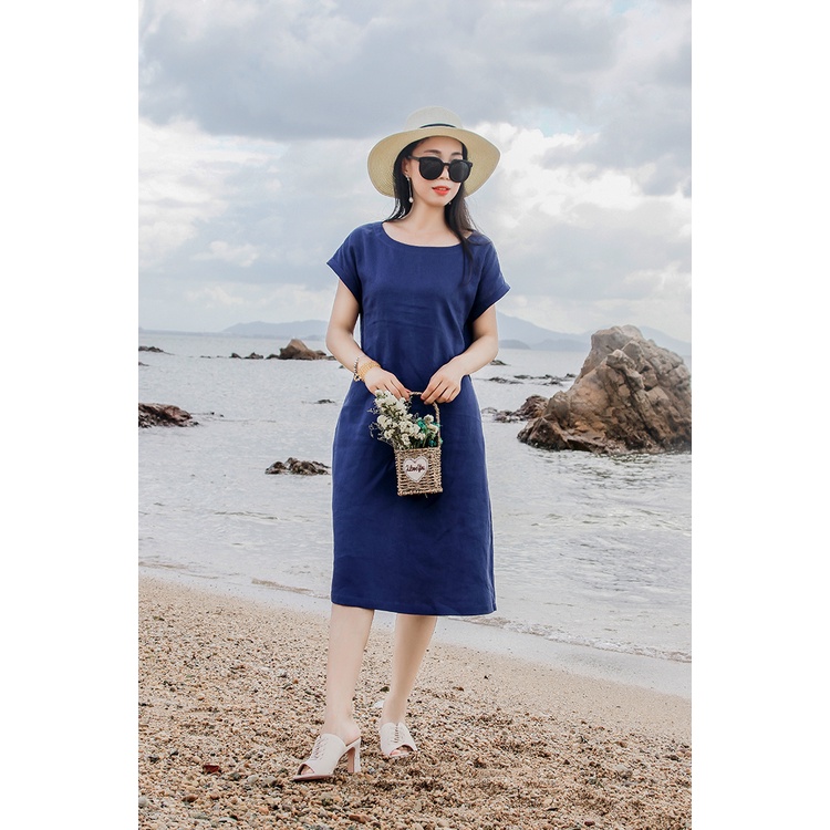 Đầm linen dáng suông dài 1m kèm đai rời, 2 túi chéo chất mềm mát mặc đi chơi, đi làm