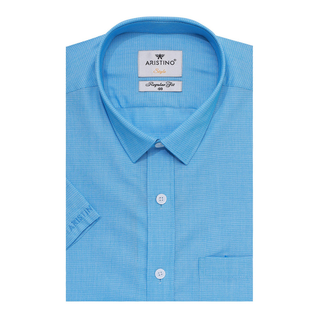Áo Sơ Mi Nam Tay Ngắn Aristino ASS038S8 Màu Xanh Dệt Vuông Nhỏ Dáng Regular Fit Tà Bằng Vải Sợi Sồi