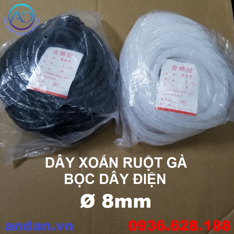 Dây xoắn ruột gà bọc dây điện phi 6, 8, 10, 12, 16, 20, 25, Dây Xoắn nhựa, Ruột Gà Đen - Trắng
