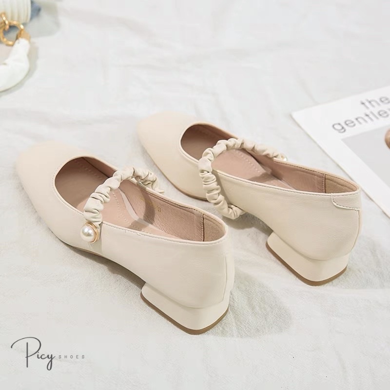 Giày búp bê Mary Jane quai nhún đính ngọc tiểu thư, gót vuông 3 phân da mềm êm chân _GBB01