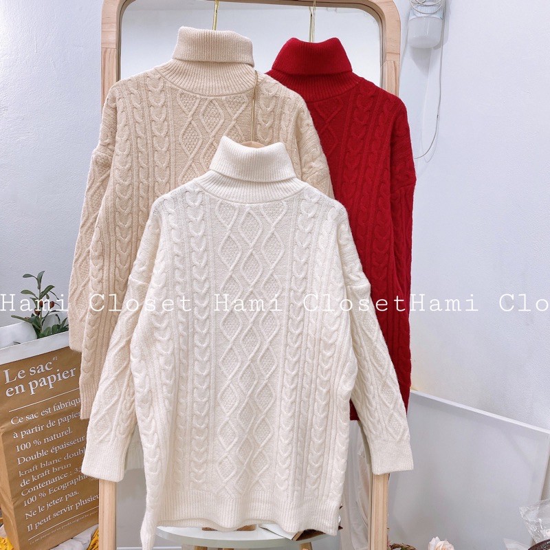 Áo len cổ lọ chất dày hoạ tiết xương cá dáng dài hàng quảng châu cao cấp