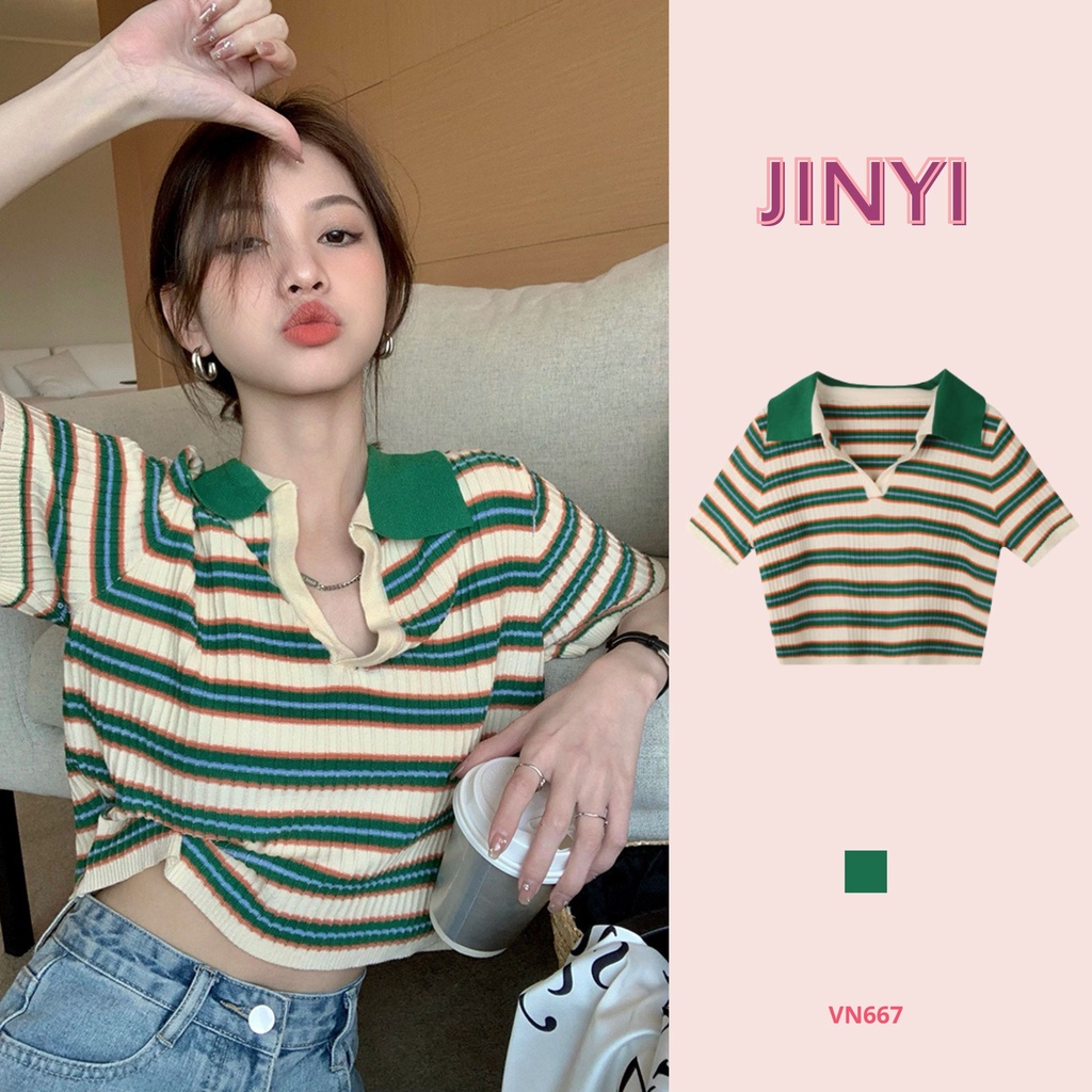 VN667 JinYi Áo polo len dệt kim nữ cổ bẻ kẻ ngang phối đồ siêu đẹp