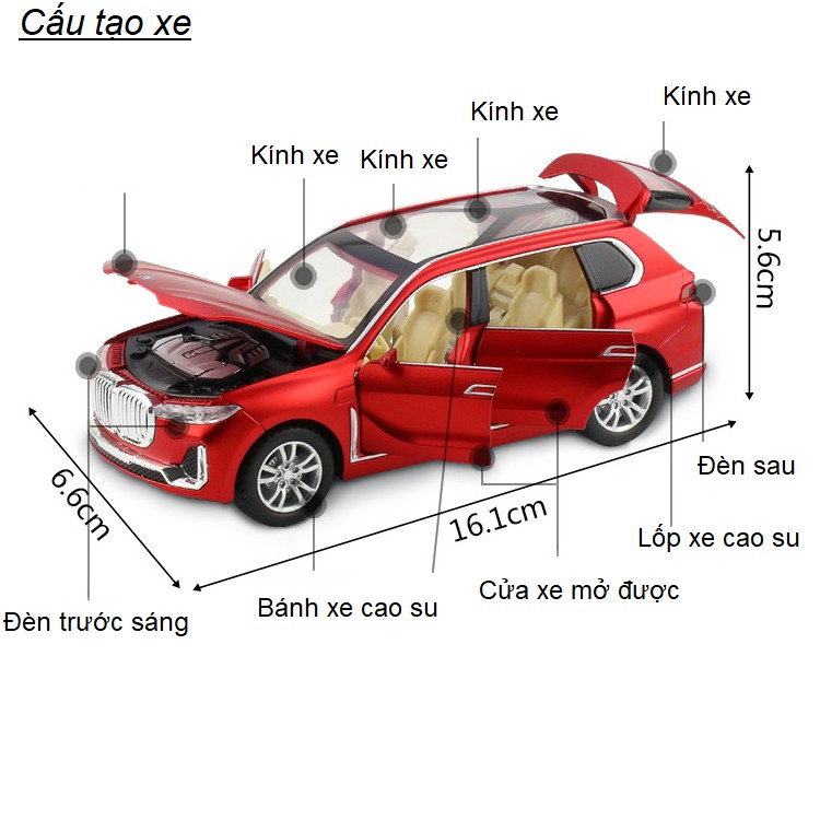 Xe mô hình ô tô BMW X7 tỉ lệ 1:32 bằng kim loại có âm thanh và đèn mở các cửa