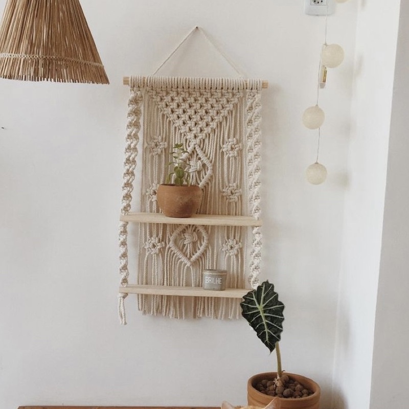 Kệ gỗ 2 tầng treo tường macrame trang trí mini size 40x70x15cm