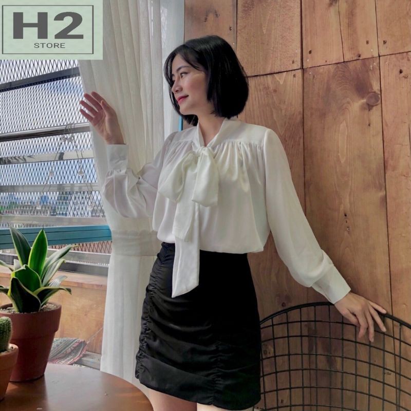 Áo Sơ Mi Trắng Dài Tay Nữ Cổ Nơ Tay Bồng Big Size H2 Store | BigBuy360 - bigbuy360.vn