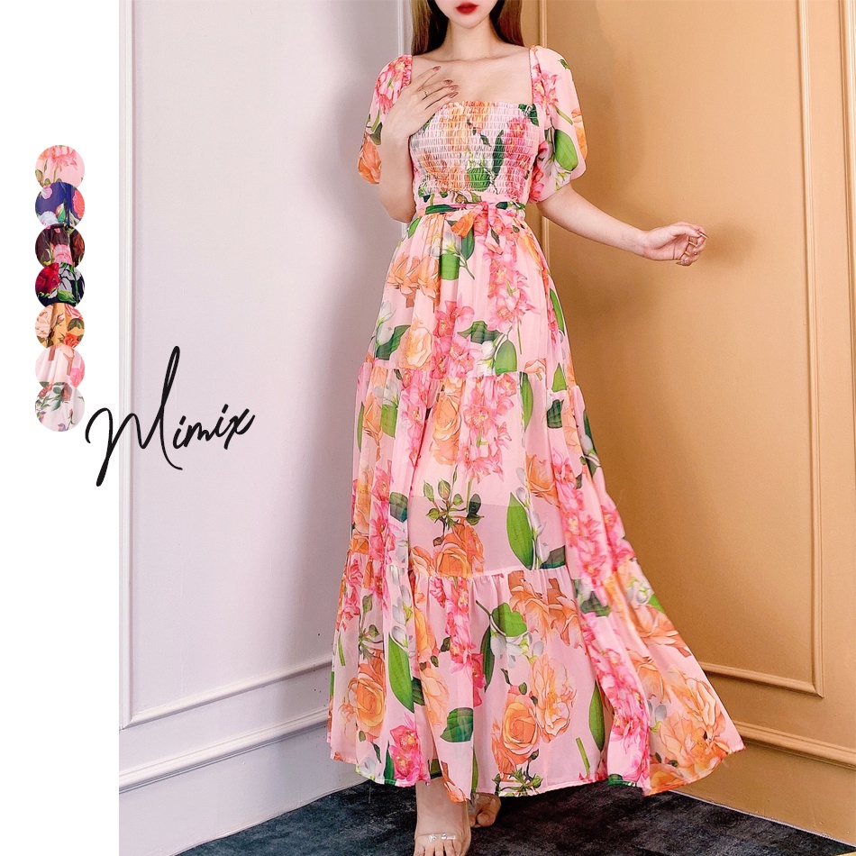 Đầm maxi hoa bo chun tay ngắn MIMIX BY0250