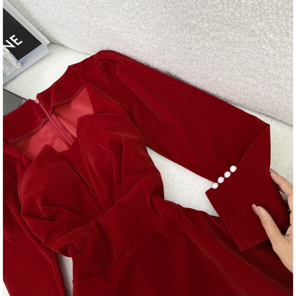 Váy Nhung Nữ Đỏ, Đầm Xòe Xếp Ly Ngực Phối Ngực Chất Nhung Dày Dặn Hàng Thiết Kế, Đủ Size Siêu Sang. | BigBuy360 - bigbuy360.vn