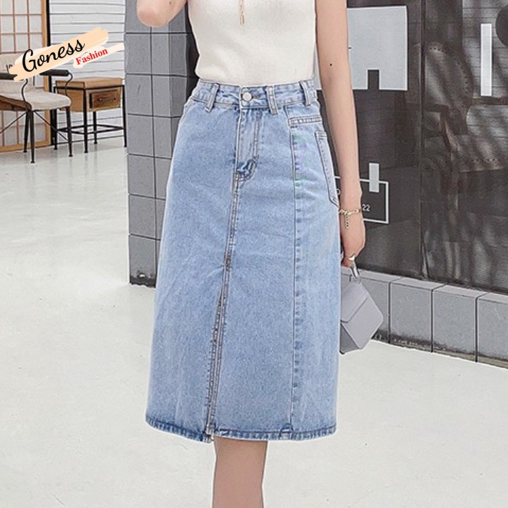 Chân váy Jean denim Goness thiết kế midi dài xẻ tà lưng cao dáng chữ A cạp cao thời trang | BigBuy360 - bigbuy360.vn