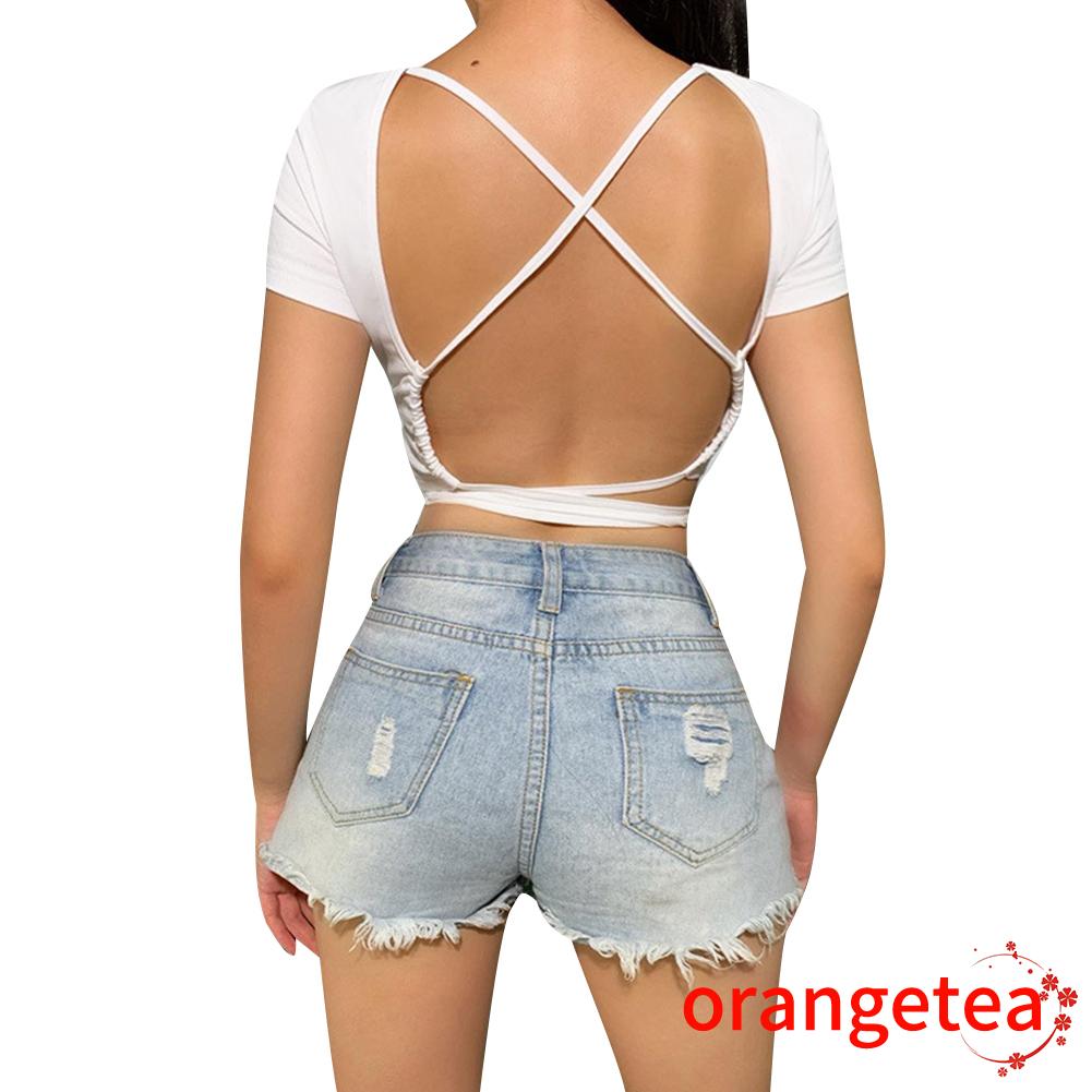 Áo Thun Croptop Dáng Ôm Hở Lưng Cột Dây Trẻ Trung Quyến Rũ Dành Cho Nữ