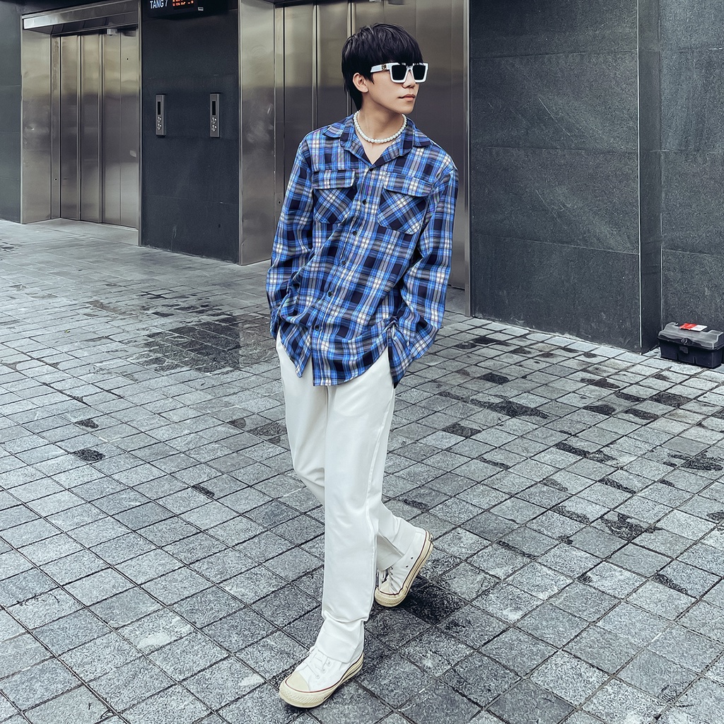 Áo Sơ Mi Flannel Màu Xanh Sọc Trắng