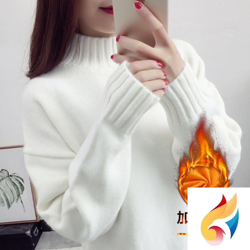 Áo Sweater Lông Cừu Dày Dặn Chui Đầu Cổ Cao Dáng Rộng / Ngắn Lót Lông Cừu Phong Cách Hàn Quốc Thời Trang Thu Đông Cho Nữ