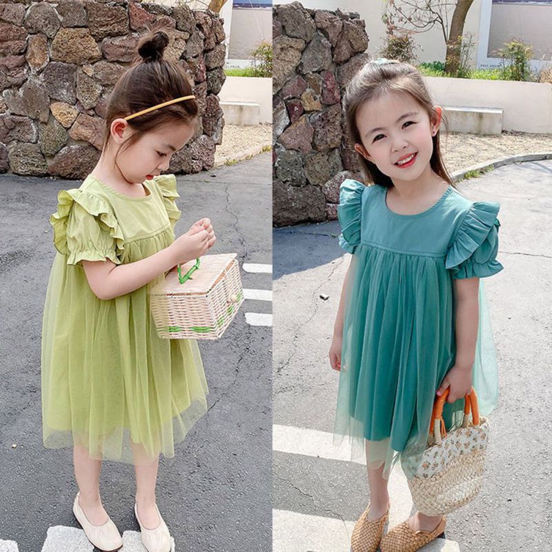Đầm Tay Ngắn Phối Lưới Màu Sắc Đơn Giản Cho Bé Gái