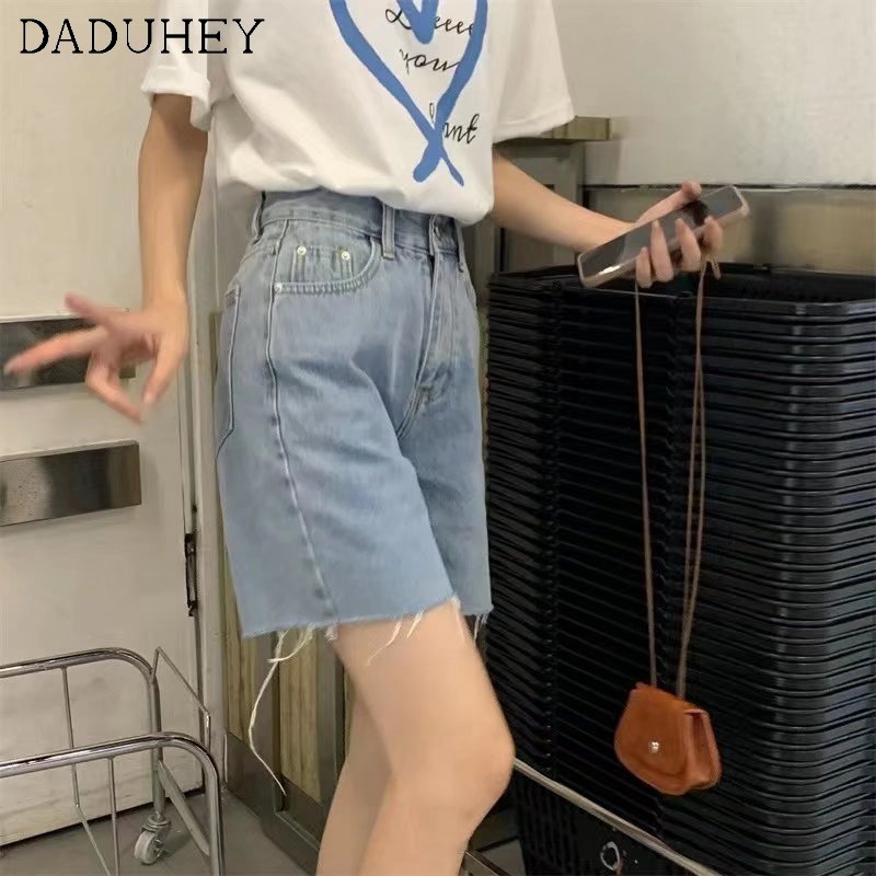 Daduhey Quần denim ngắn mỏng ống suông rộng dáng chữ A hình trái tim màu sáng phong cách thời trang thường ngày cho nữ