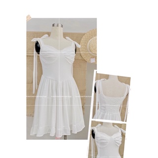 Đầm nữ trắng 2s cột nơ tầng xoè có lót trong freesize Pumi