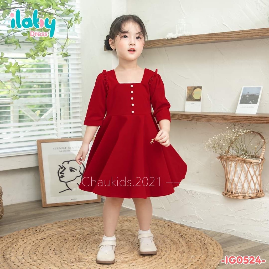 Váy nhung đỏ cổ vuông vai bèo cực đẹp cho bé gái Namkidshop (V528)