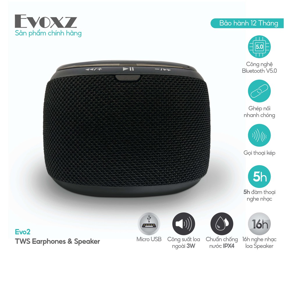 Tai nghe Bluetooth TWS Evoxz EVo2  - màu đen